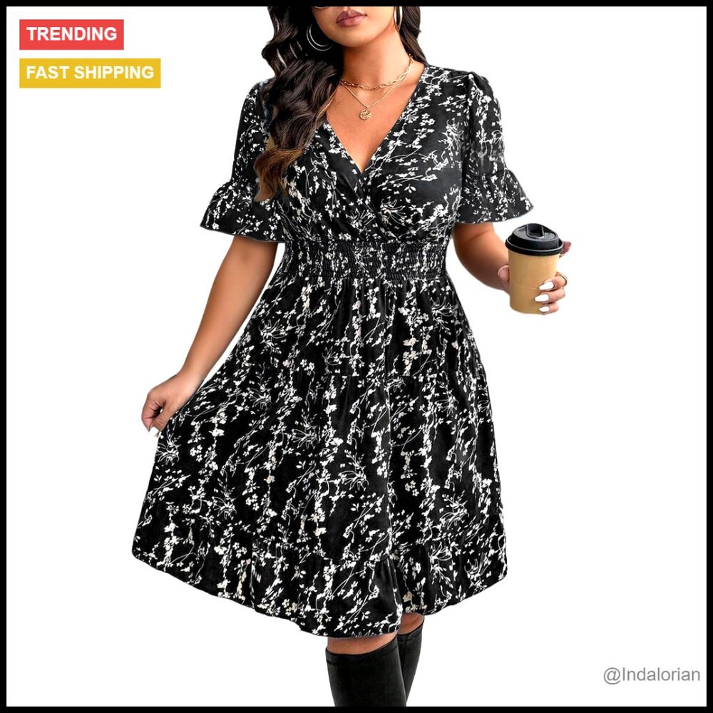 Retro Floral Print Ruffle Sleeve Midi Dress Boho Beach Casual Vacation Wear